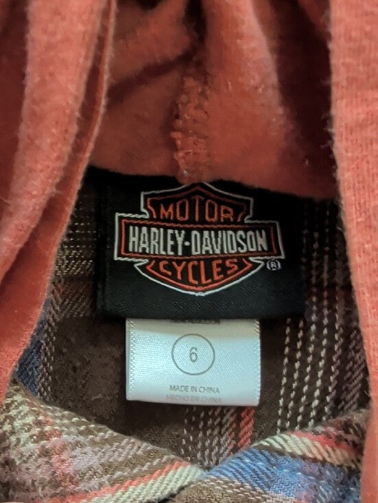 Harley-Davidson Kids Brown Plaid Button-Down Shirt with Rust Hood Boy's 6 US