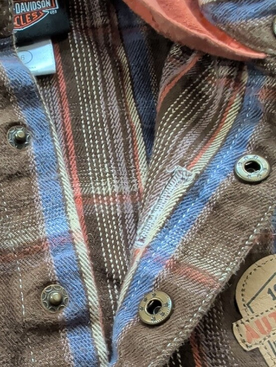 Harley-Davidson Kids Brown Plaid Button-Down Shirt with Rust Hood Boy's 6 US