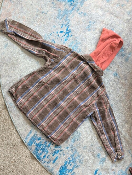 Harley-Davidson Kids Brown Plaid Button-Down Shirt with Rust Hood Boy's 6 US