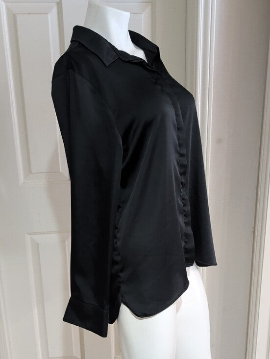 a new day Black Satin Button-Down Blouse Women's XL