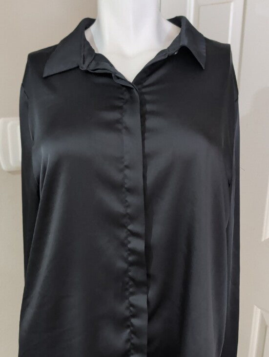 a new day Black Satin Button-Down Blouse Women's XL
