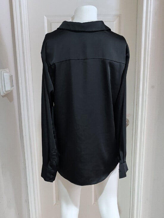 a new day Black Satin Button-Down Blouse Women's XL