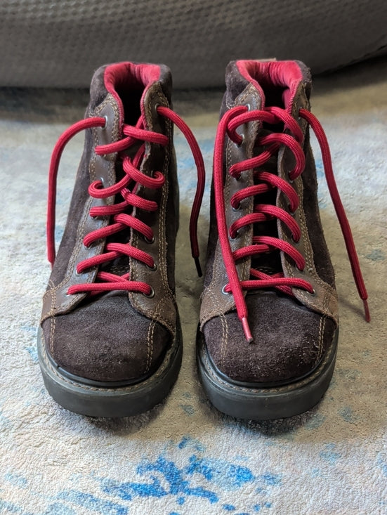 American Eagle Dark Brown Suede High-Top Sneakers with Pink Accents Women's 7 US