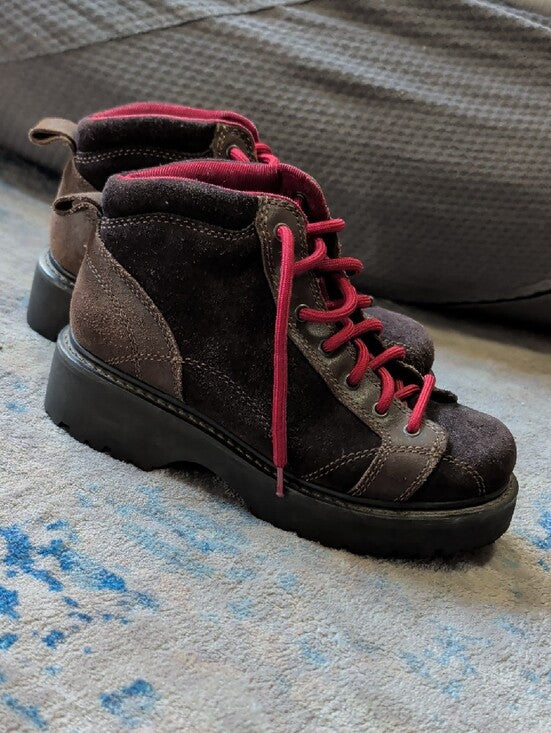 American Eagle Dark Brown Suede High-Top Sneakers with Pink Accents Women's 7 US