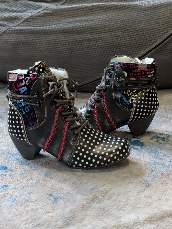 TMA Maia Black Polka Dot Lace-Up Heeled Sherpa Lined Ankle Boots Women's 7.5 US