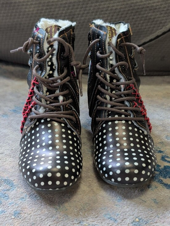 TMA Maia Black Polka Dot Lace-Up Heeled Sherpa Lined Ankle Boots Women's 7.5 US