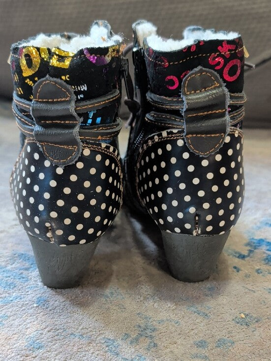 TMA Maia Black Polka Dot Lace-Up Heeled Sherpa Lined Ankle Boots Women's 7.5 US