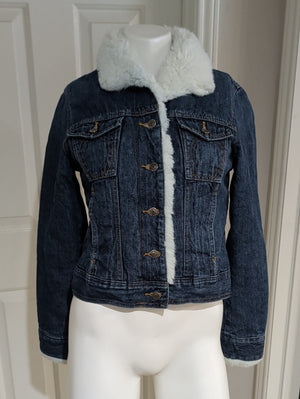 Retro Arizona Jeans Co. Dark Blue Denim Sherpa-Lined Jean Jacket with White Collar M