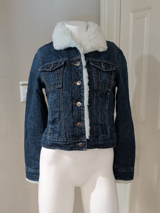 Retro Arizona Jeans Co. Dark Blue Denim Sherpa-Lined Jean Jacket with White Collar M
