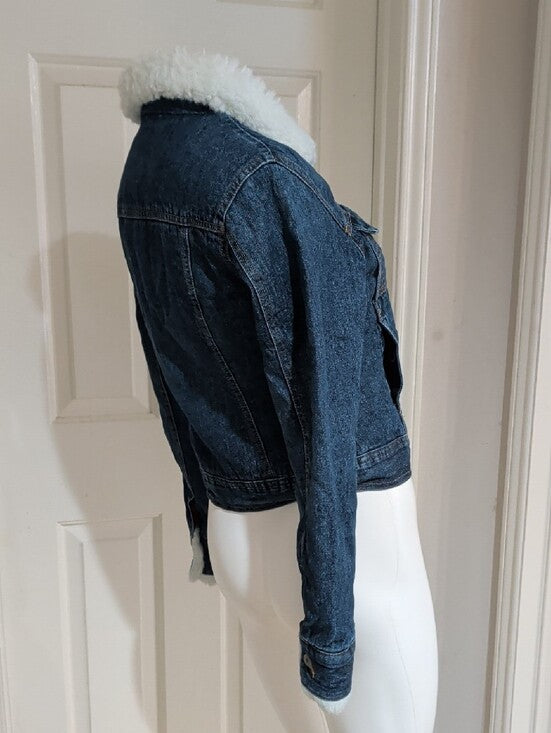 Retro Arizona Jeans Co. Dark Blue Denim Sherpa-Lined Jean Jacket with White Collar M