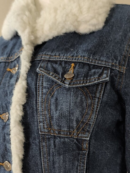 Retro Arizona Jeans Co. Dark Blue Denim Sherpa-Lined Jean Jacket with White Collar M