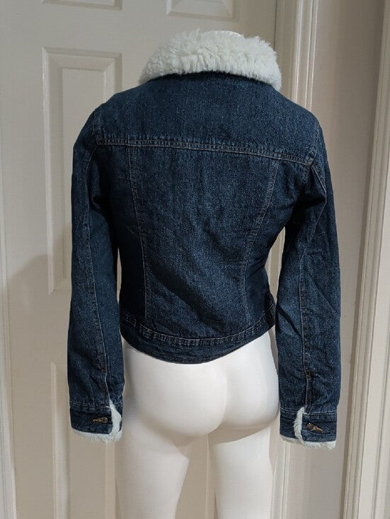 Retro Arizona Jeans Co. Dark Blue Denim Sherpa-Lined Jean Jacket with White Collar M