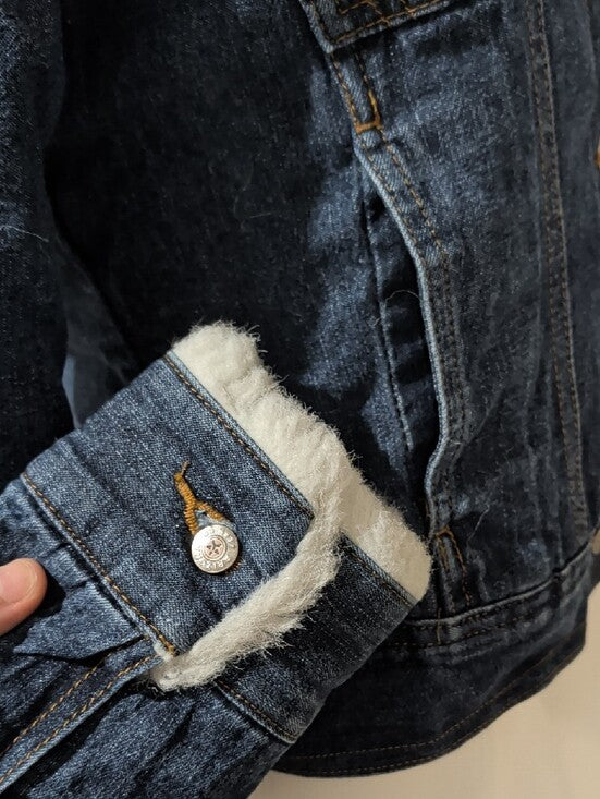 Retro Arizona Jeans Co. Dark Blue Denim Sherpa-Lined Jean Jacket with White Collar M