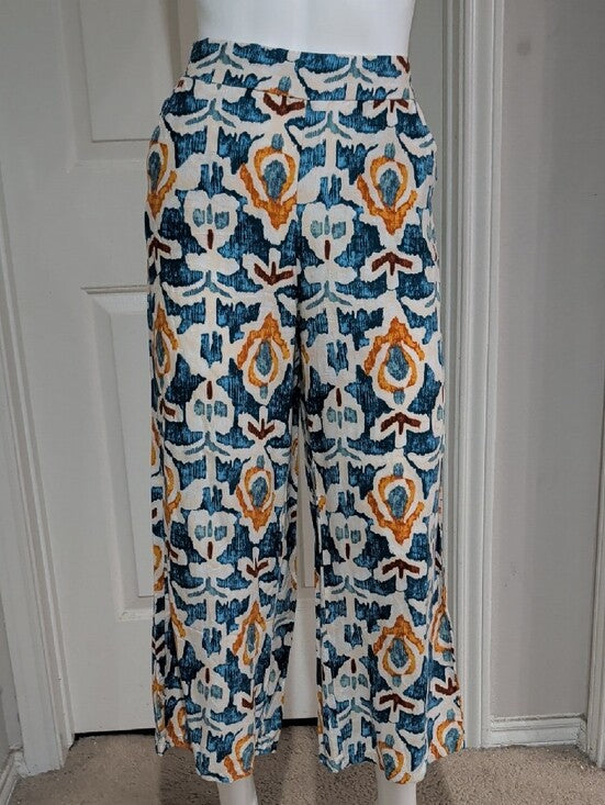 Christian Siriano Teal Navy and Mustard Wide-Leg Printed Pants Women's Small