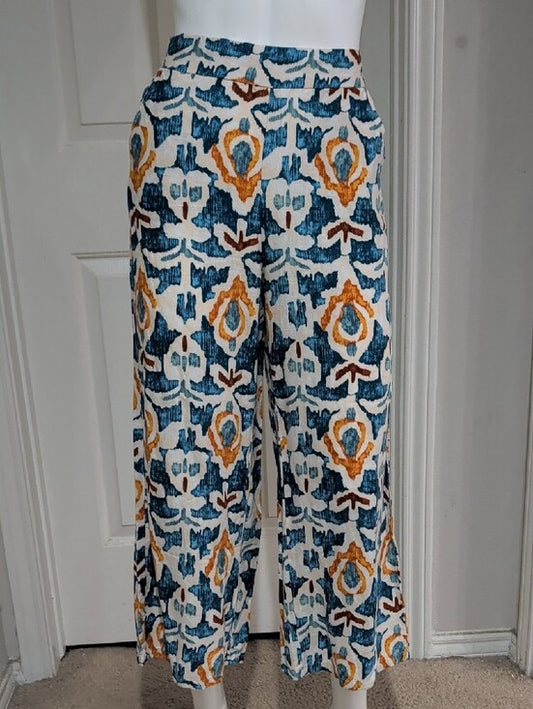 Christian Siriano Teal Navy and Mustard Wide-Leg Printed Pants Women's Small