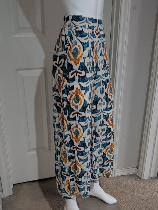 Christian Siriano Teal Navy and Mustard Wide-Leg Printed Pants Women's Small