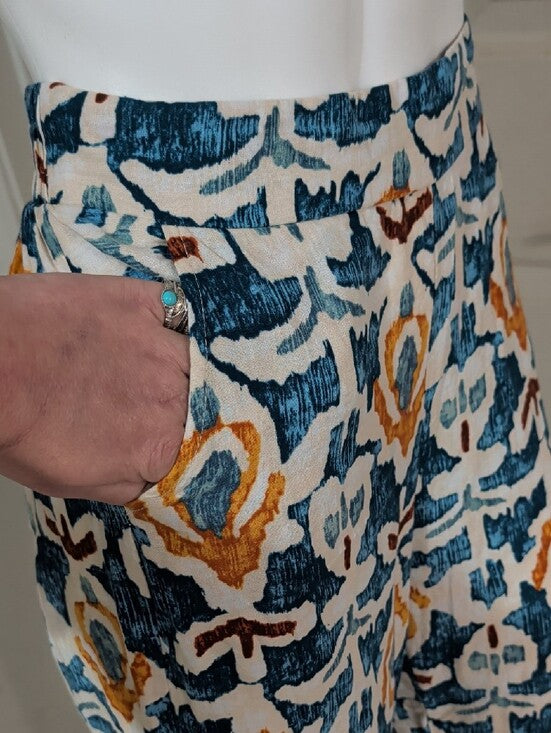 Christian Siriano Teal Navy and Mustard Wide-Leg Printed Pants Women's Small
