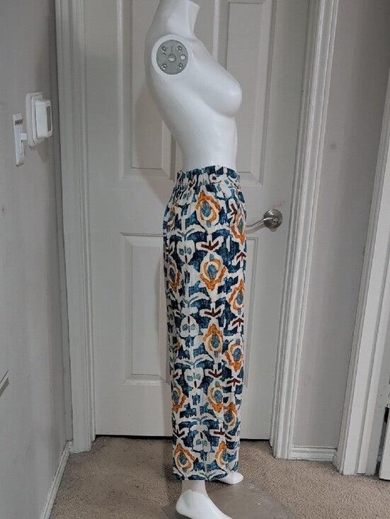Christian Siriano Teal Navy and Mustard Wide-Leg Printed Pants Women's Small