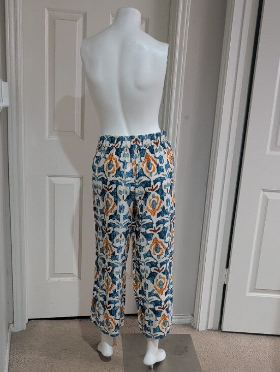 Christian Siriano Teal Navy and Mustard Wide-Leg Printed Pants Women's Small
