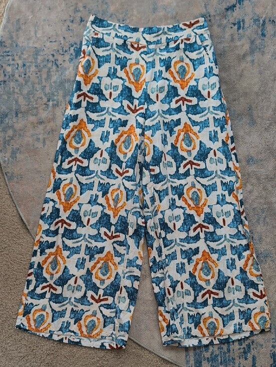 Christian Siriano Teal Navy and Mustard Wide-Leg Printed Pants Women's Small