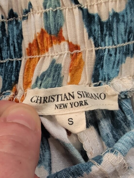 Christian Siriano Teal Navy and Mustard Wide-Leg Printed Pants Women's Small