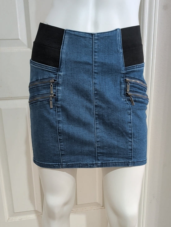 Guess Blue Denim Mini Skirt with Black Elastic Waist Panels & Zip Details Retro Women's Medium