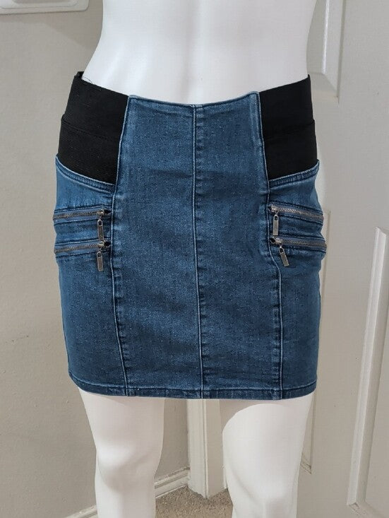 Guess Blue Denim Mini Skirt with Black Elastic Waist Panels & Zip Details Retro Women's Medium