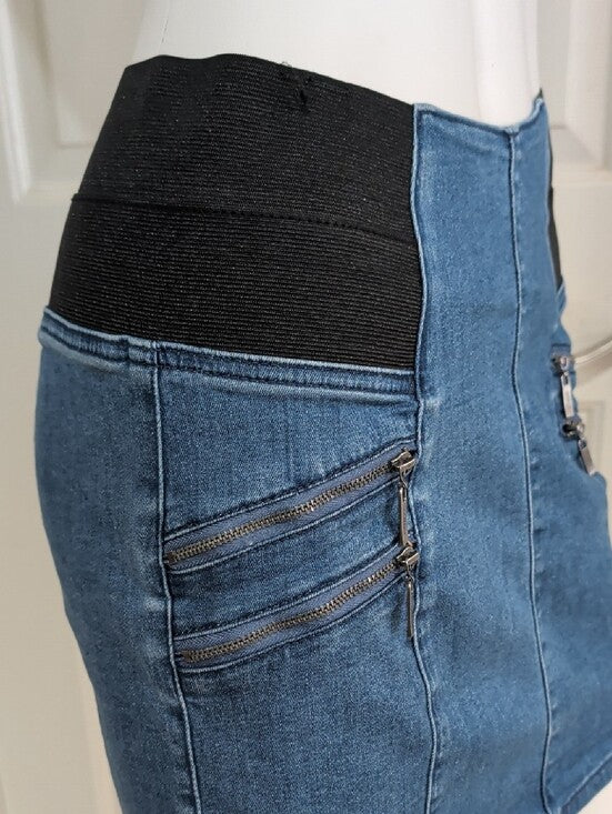 Guess Blue Denim Mini Skirt with Black Elastic Waist Panels & Zip Details Retro Women's Medium