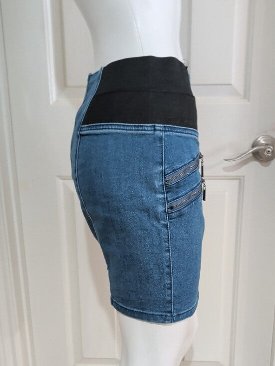 Guess Blue Denim Mini Skirt with Black Elastic Waist Panels & Zip Details Retro Women's Medium