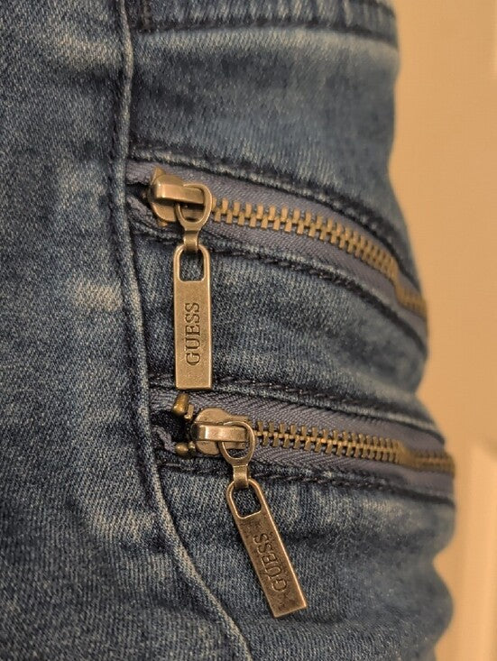 Guess Blue Denim Mini Skirt with Black Elastic Waist Panels & Zip Details Retro Women's Medium