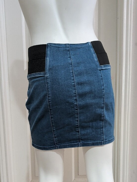 Guess Blue Denim Mini Skirt with Black Elastic Waist Panels & Zip Details Retro Women's Medium