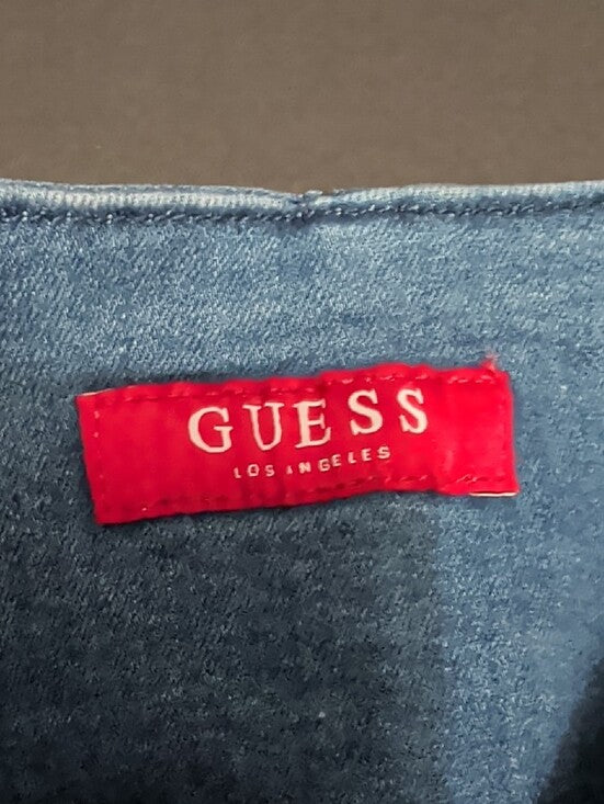 Guess Blue Denim Mini Skirt with Black Elastic Waist Panels & Zip Details Retro Women's Medium