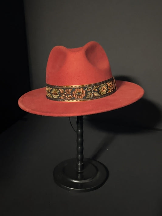 NWT Falls Creek Red Felt Fedora with Embroidered Floral Band