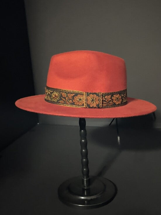 NWT Falls Creek Red Felt Fedora with Embroidered Floral Band