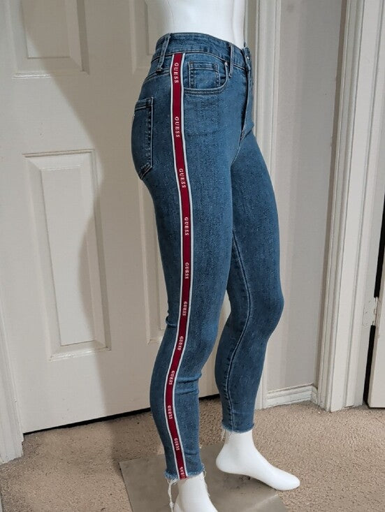 Retro Guess Women's Denim Skinny Jeans with Red Side Stripe 25 US