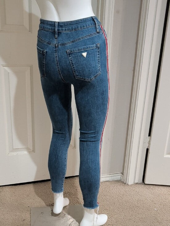 Retro Guess Women's Denim Skinny Jeans with Red Side Stripe 25 US