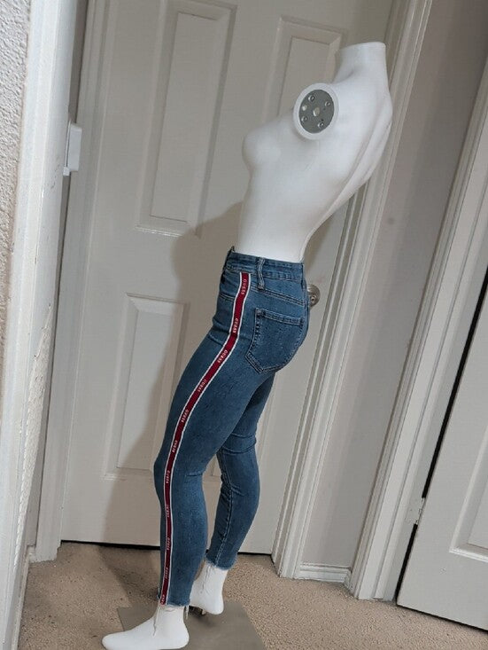 Retro Guess Women's Denim Skinny Jeans with Red Side Stripe 25 US