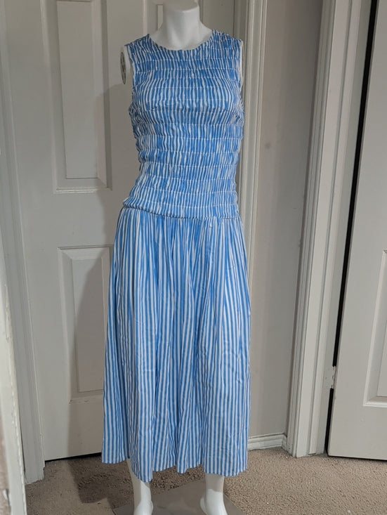 Cato Sleeveless Blue & White Striped Smocked Midi Dress Women's Medium