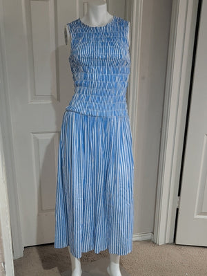Cato Sleeveless Blue & White Striped Smocked Midi Dress Women's Medium