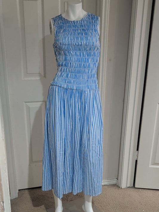 Cato Sleeveless Blue & White Striped Smocked Midi Dress Women's Medium