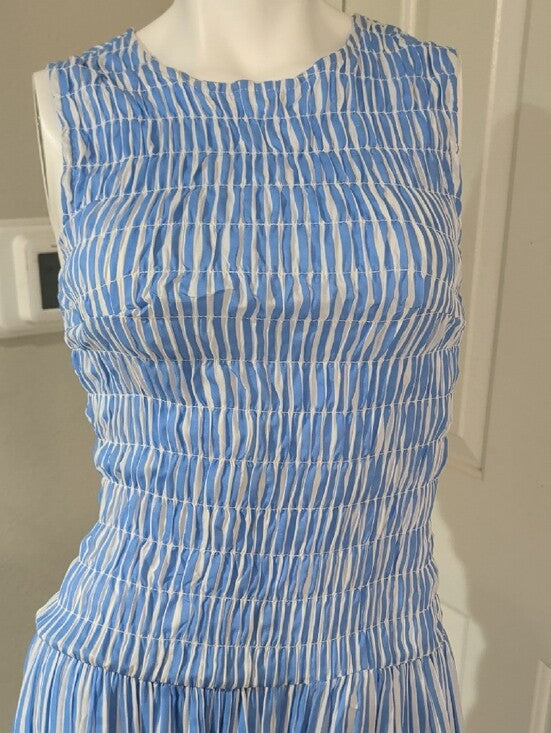Cato Sleeveless Blue & White Striped Smocked Midi Dress Women's Medium