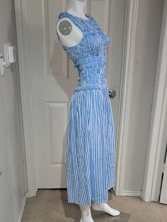 Cato Sleeveless Blue & White Striped Smocked Midi Dress Women's Medium
