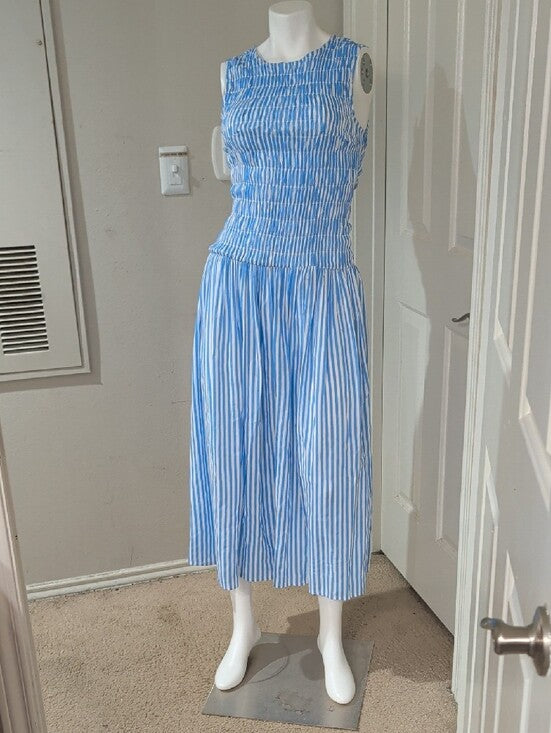 Cato Sleeveless Blue & White Striped Smocked Midi Dress Women's Medium