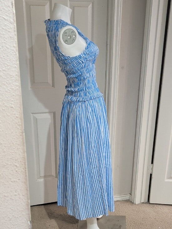 Cato Sleeveless Blue & White Striped Smocked Midi Dress Women's Medium