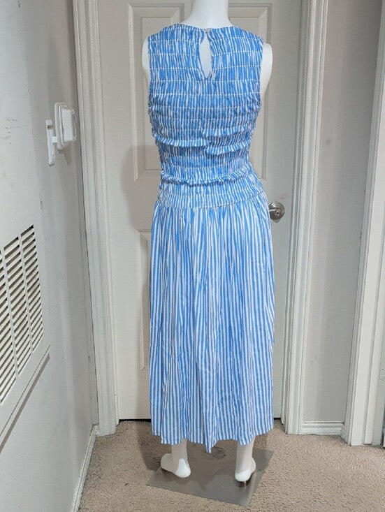 Cato Sleeveless Blue & White Striped Smocked Midi Dress Women's Medium