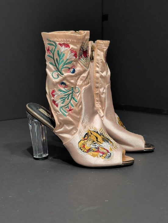 Cape Robbin Embroidered Pink Satin Peep-Toe Booties with Clear Heel Women's 8.5 US