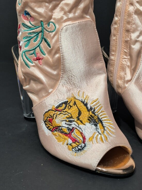 Cape Robbin Embroidered Pink Satin Peep-Toe Booties with Clear Heel Women's 8.5 US