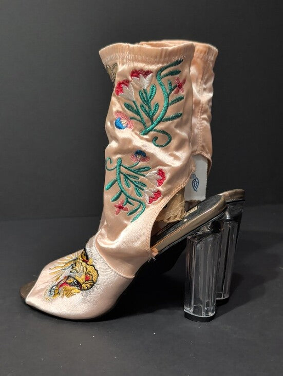 Cape Robbin Embroidered Pink Satin Peep-Toe Booties with Clear Heel Women's 8.5 US