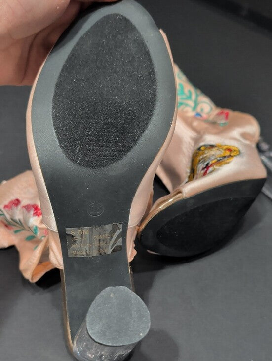 Cape Robbin Embroidered Pink Satin Peep-Toe Booties with Clear Heel Women's 8.5 US