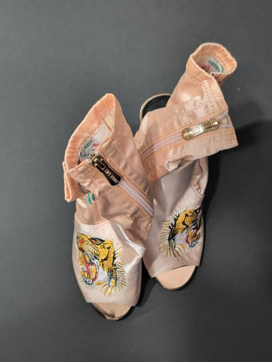 Cape Robbin Embroidered Pink Satin Peep-Toe Booties with Clear Heel Women's 8.5 US